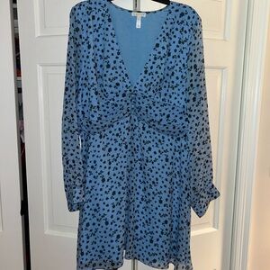 Leith Blue and Black Ruched Waist Dress with Bishop Sleeves